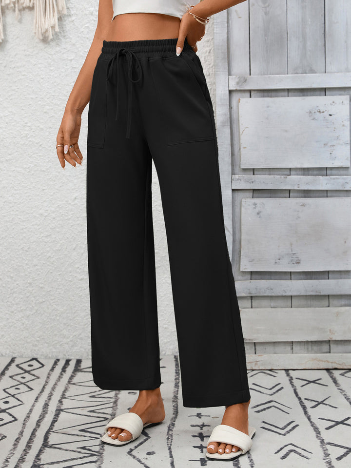 Black Drawstring wide leg pants with patch pockets