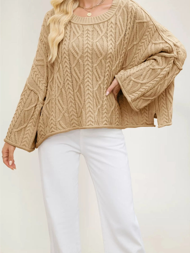 Cable knit drop shoulder oversized sweater with bell sleeves