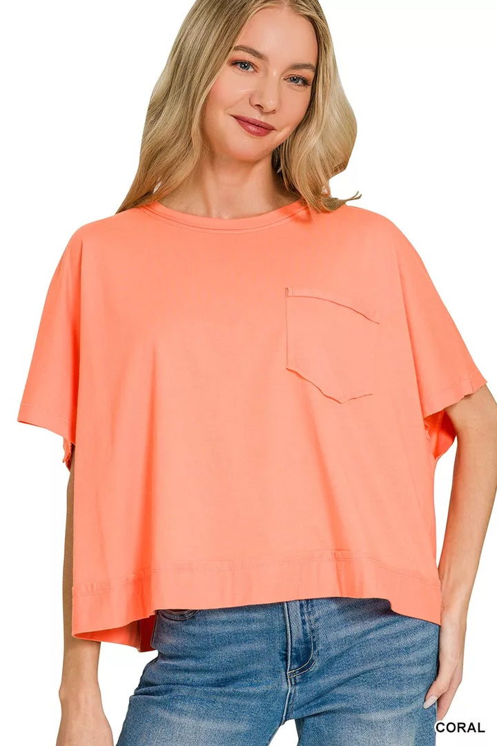 CORAL Exposed seam boxy crop tee with chest pocket
