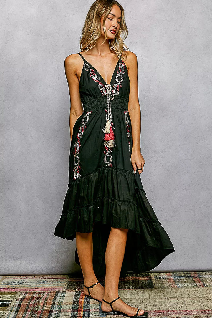 Embroidered tiered midi cami dress with tassel tie