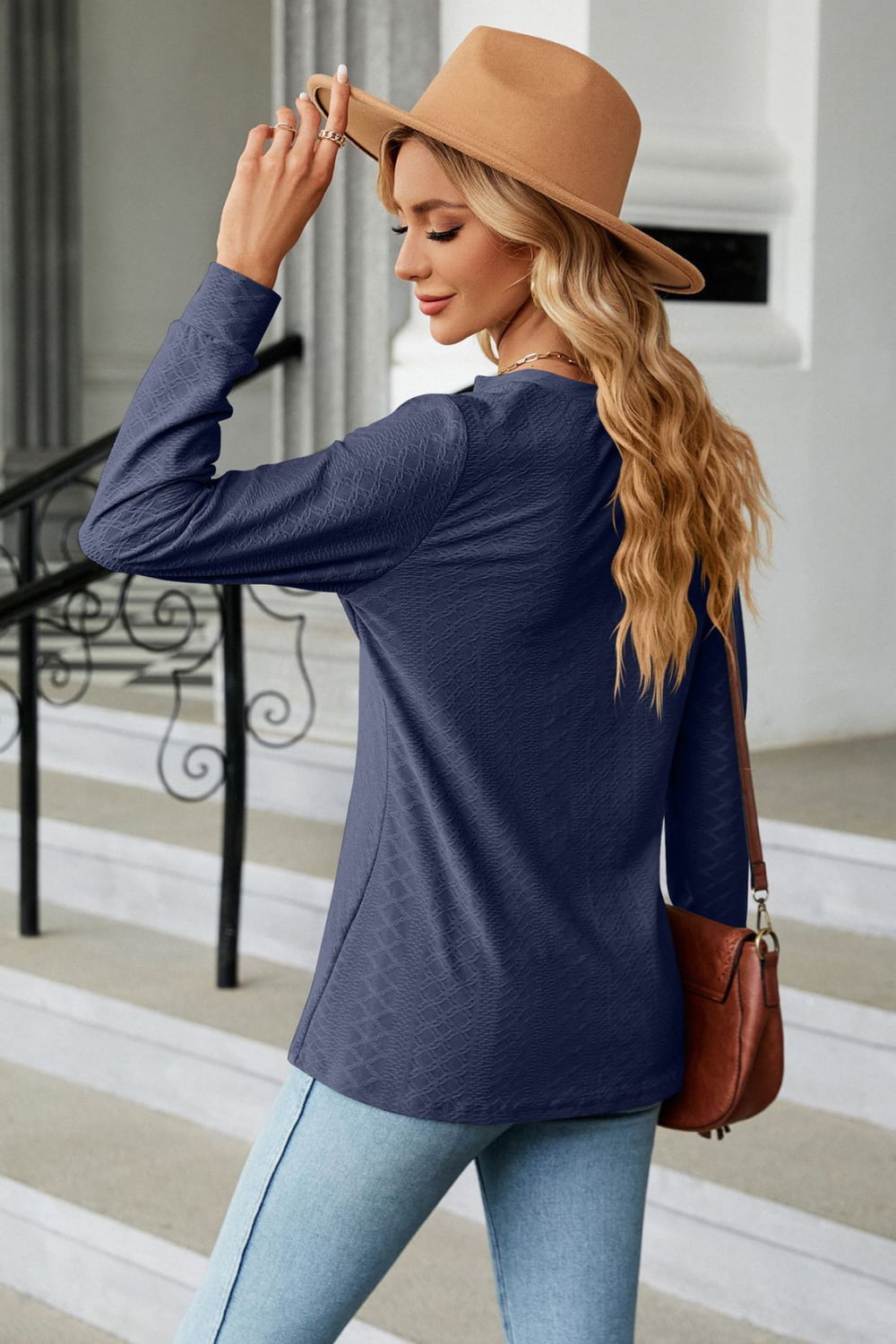 Textured knit long sleeve top with button placket