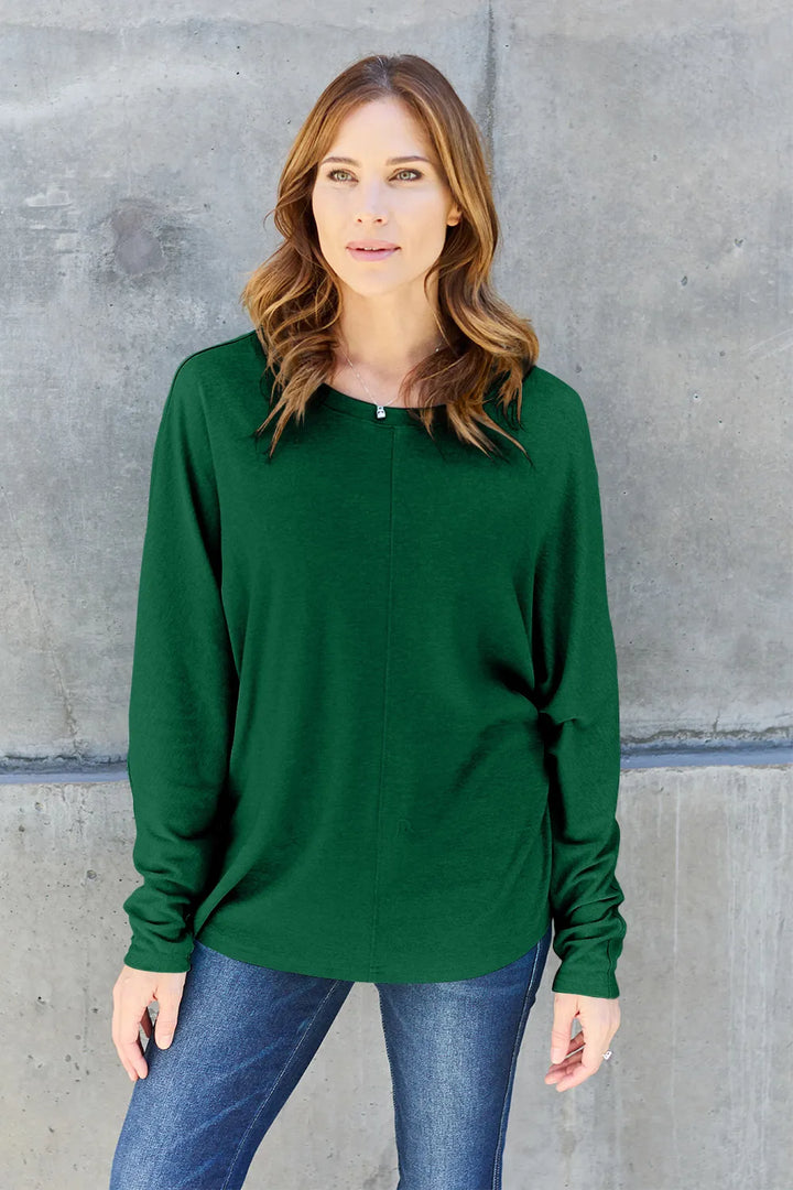 Relaxed drop-shoulder round neck long sleeve top