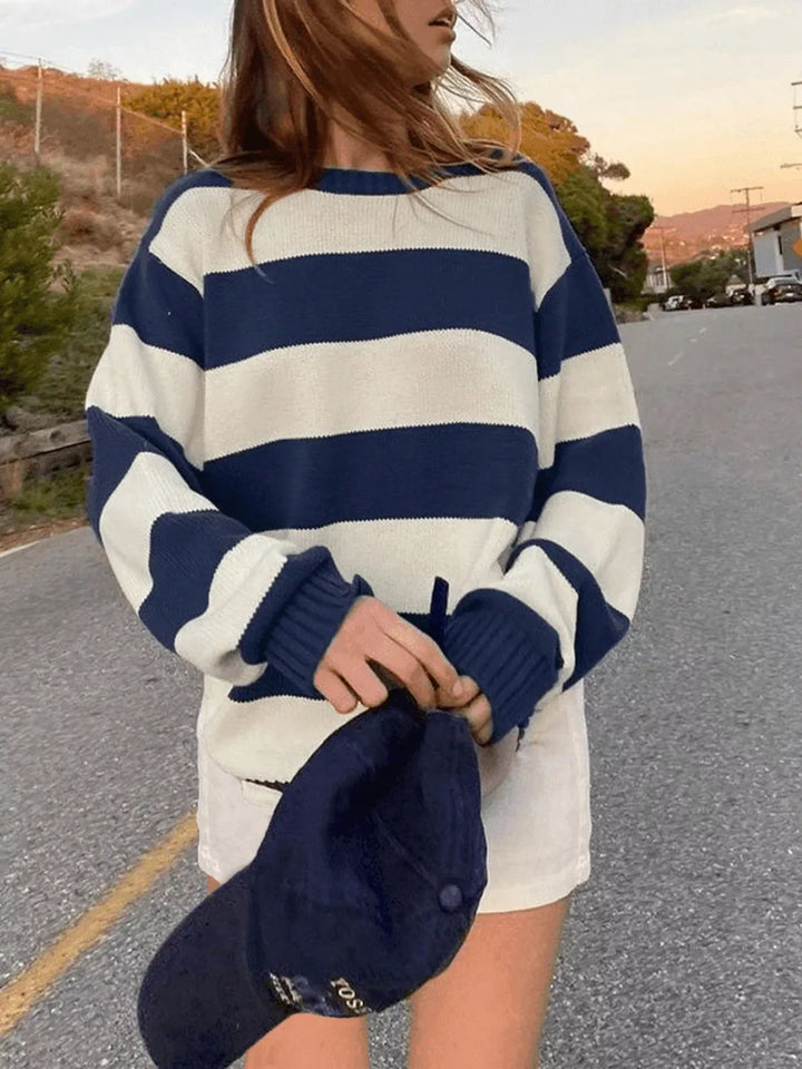 Blue Wide stripe oversized crew neck knit sweater