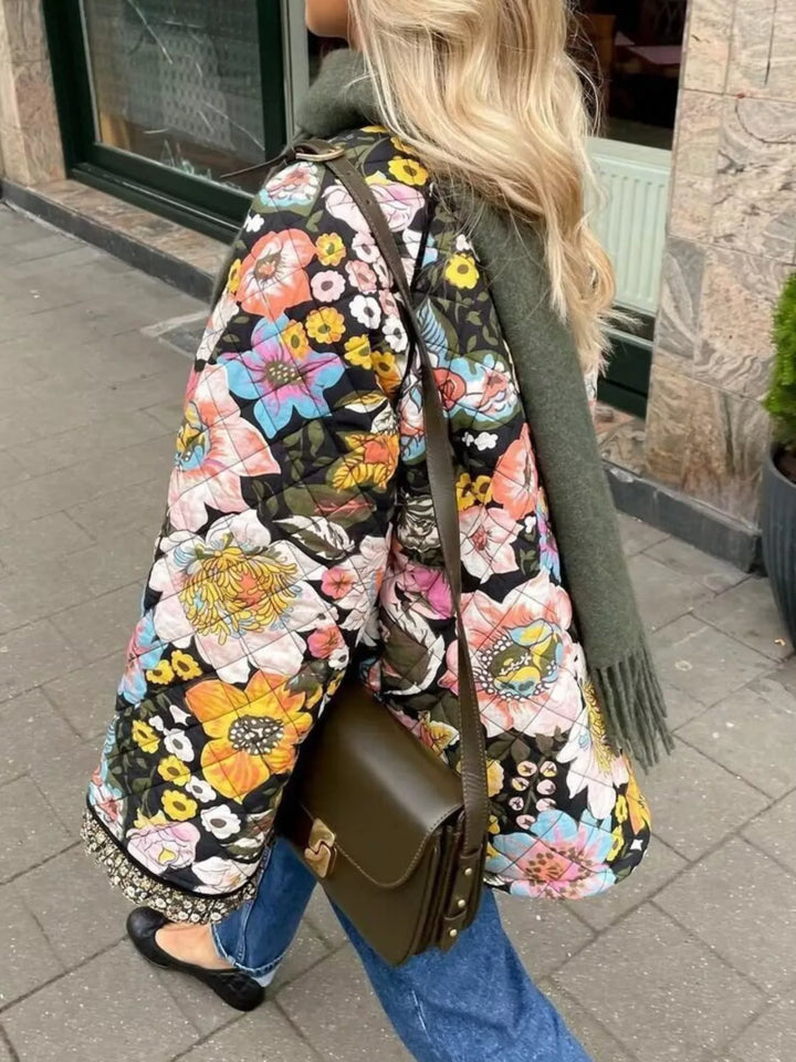 Floral print quilted jacket with sherpa lining and contrast trim
