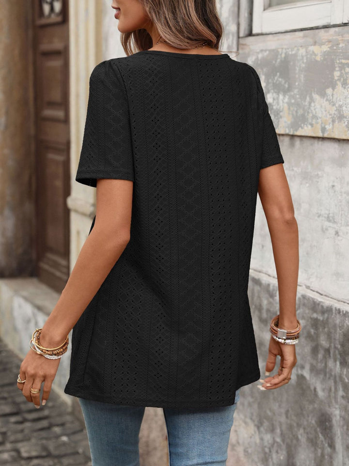 Eyelet square neck babydoll tunic with button placket
