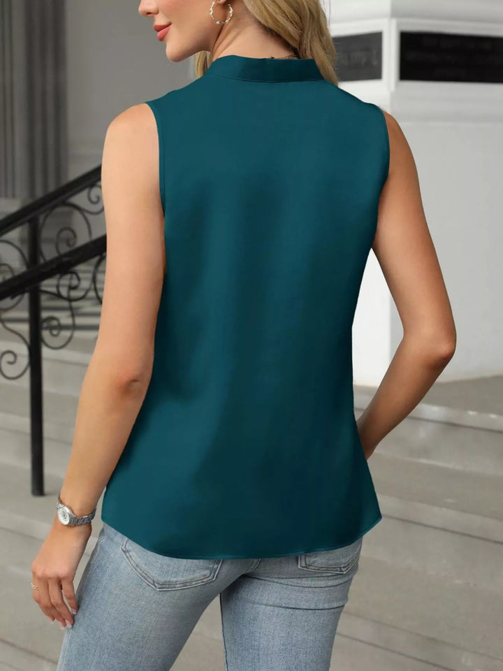 Satin V-neck tank with pleated shoulders and button front