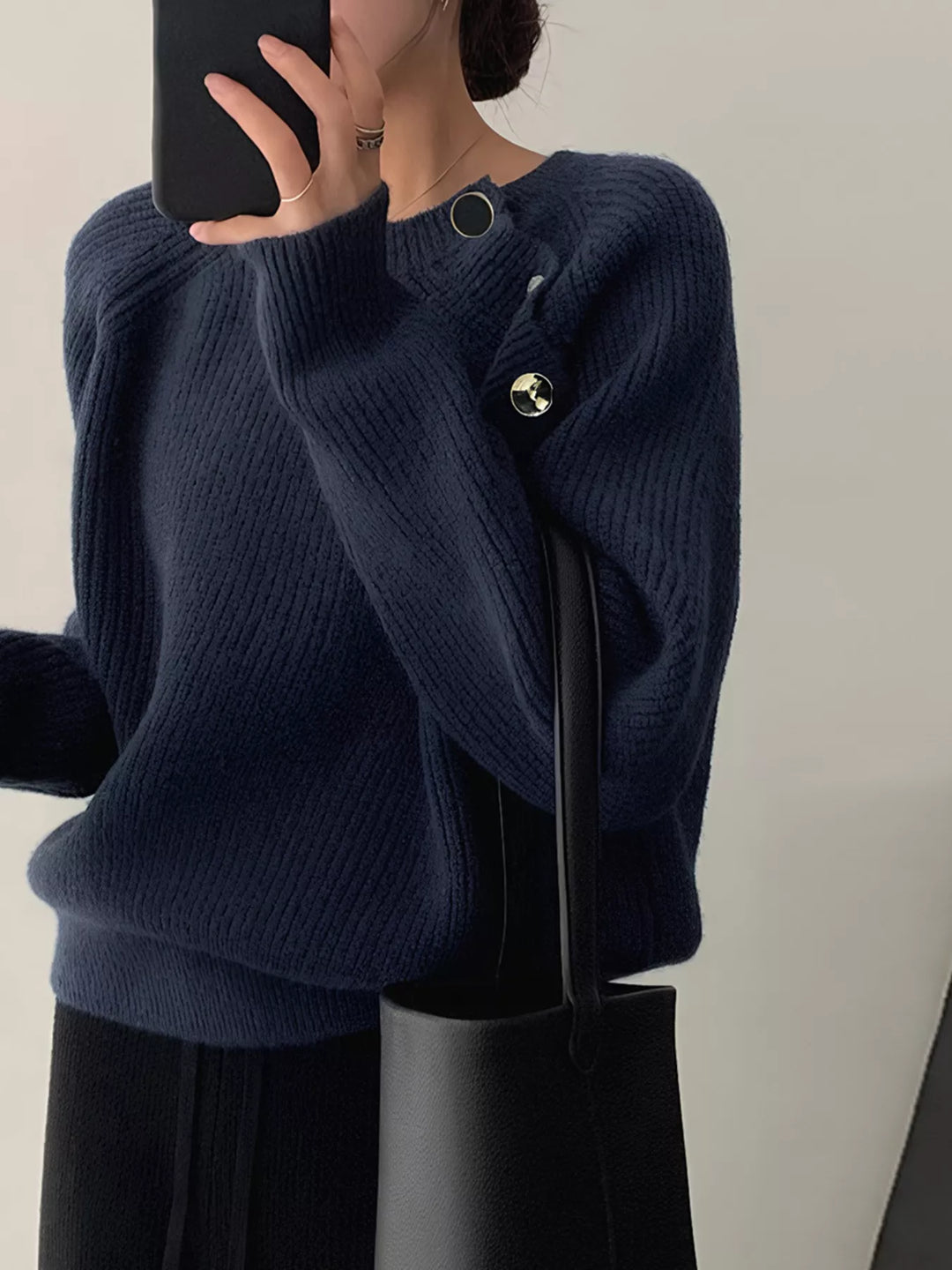 Ribbed knit round neck sweater with shoulder button detail
