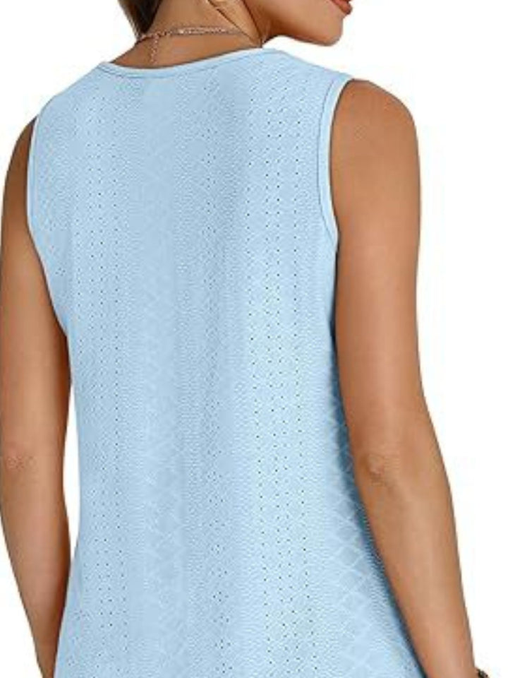 Eyelet V-neck sleeveless tank with diamond texture