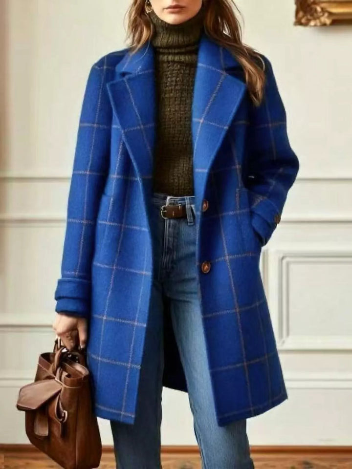 Blue Windowpane plaid longline single-breasted overcoat