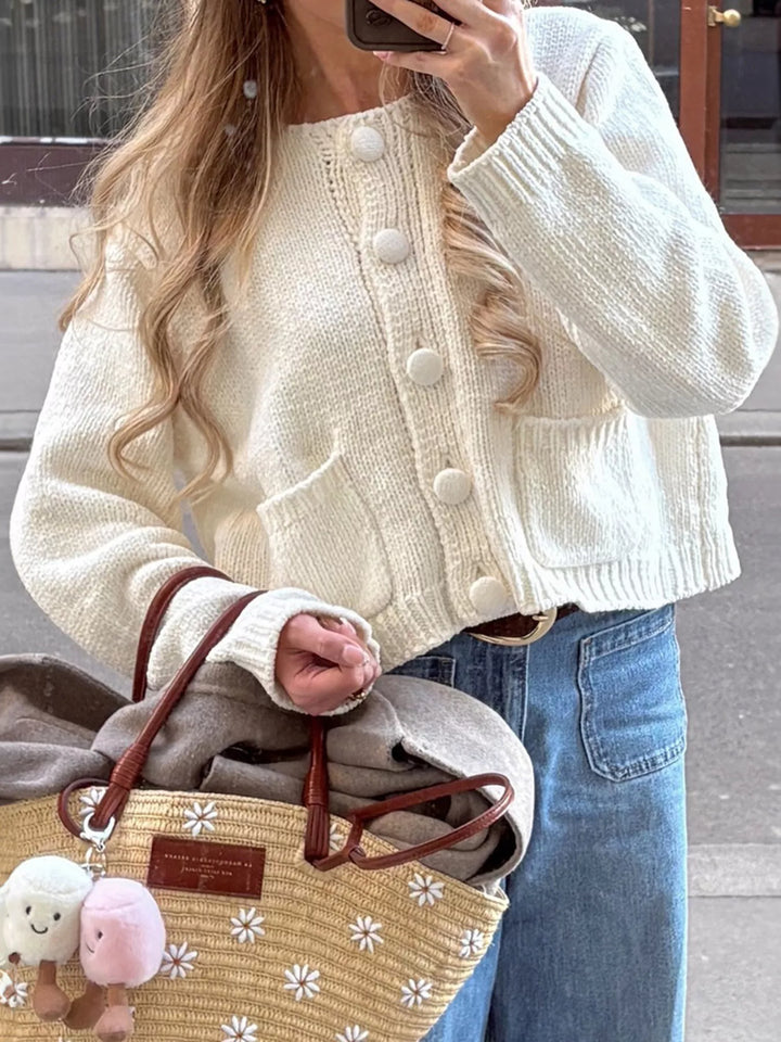 Ivory Cropped textured knit button-down cardigan with pockets