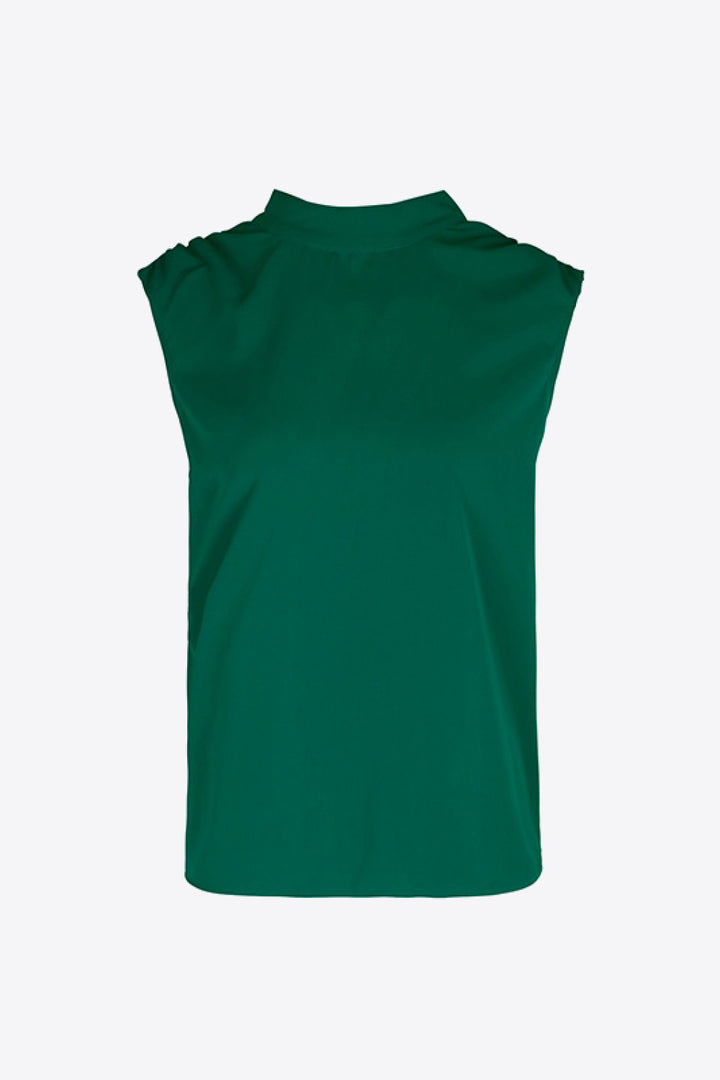 Tie-back mock neck sleeveless blouse
