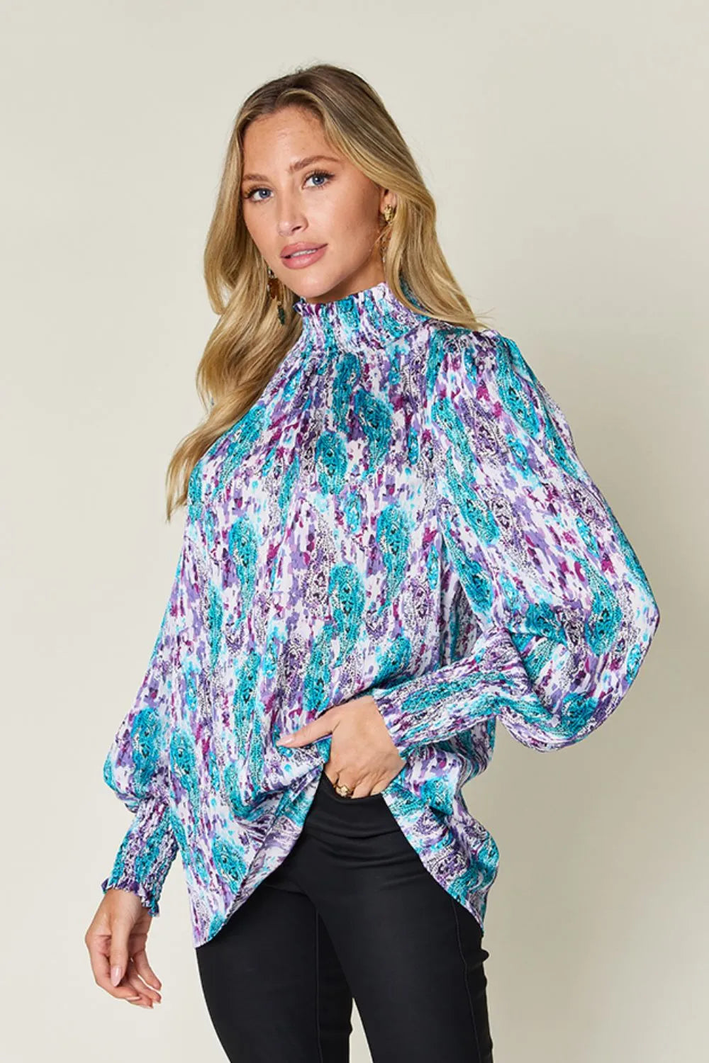 Printed smocked frill mock neck long sleeve blouse