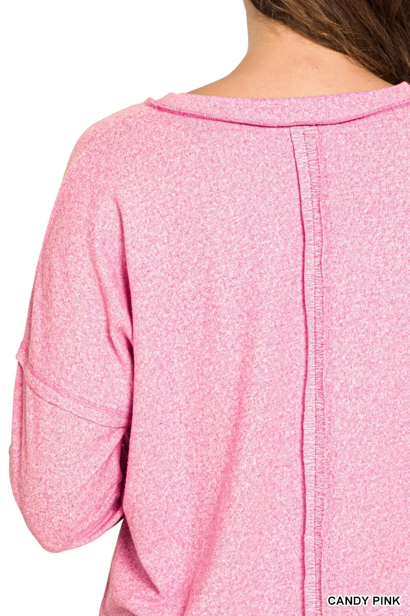 Exposed-seam melange hacci v-neck top with chest pocket