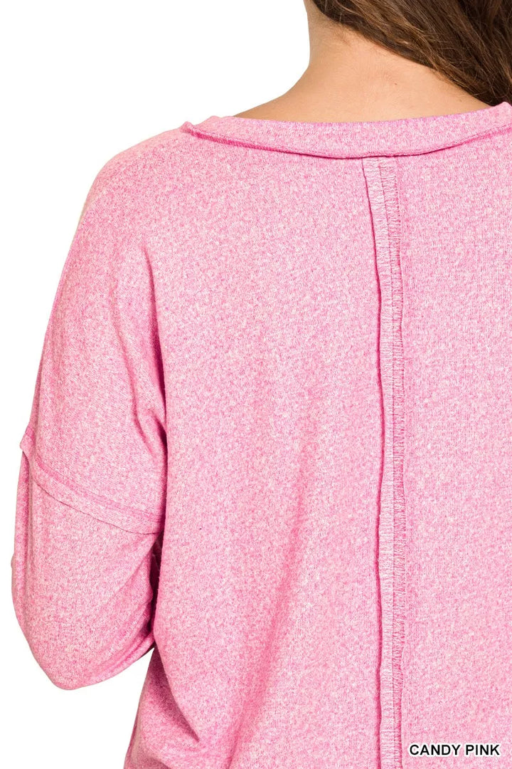 Exposed-seam melange hacci v-neck top with chest pocket