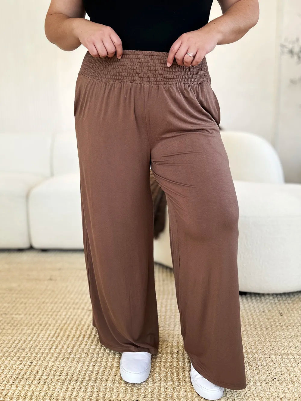 Smocked wide-waistband wide-leg jersey pants with pockets