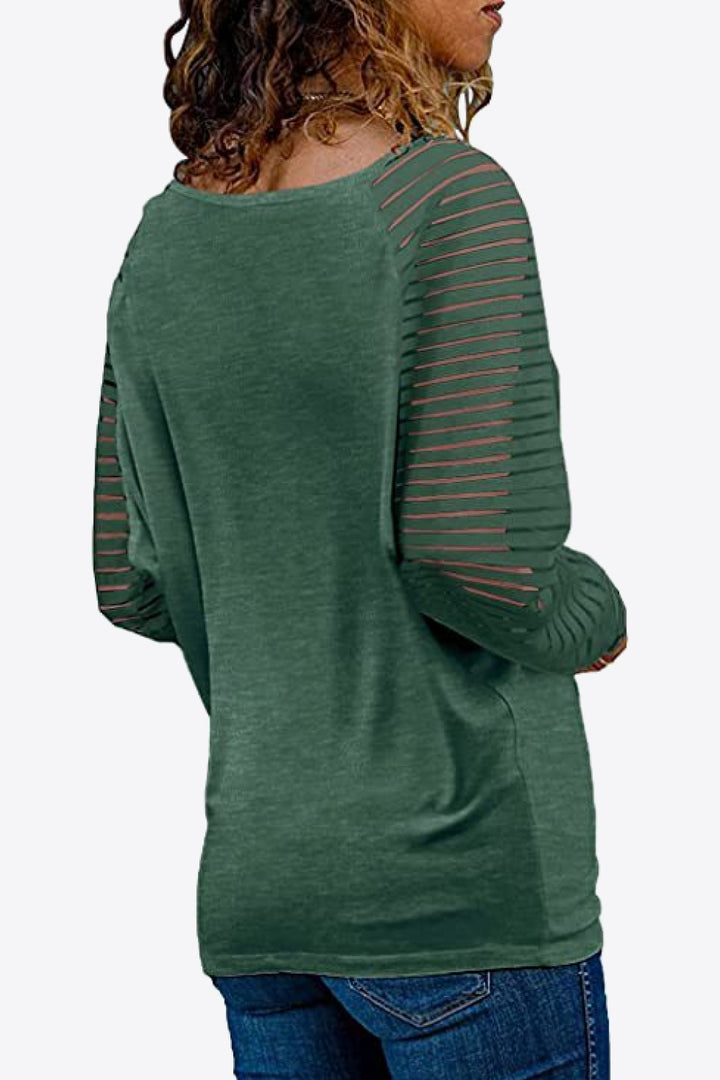 Semi-sheer striped raglan sleeve V-neck top