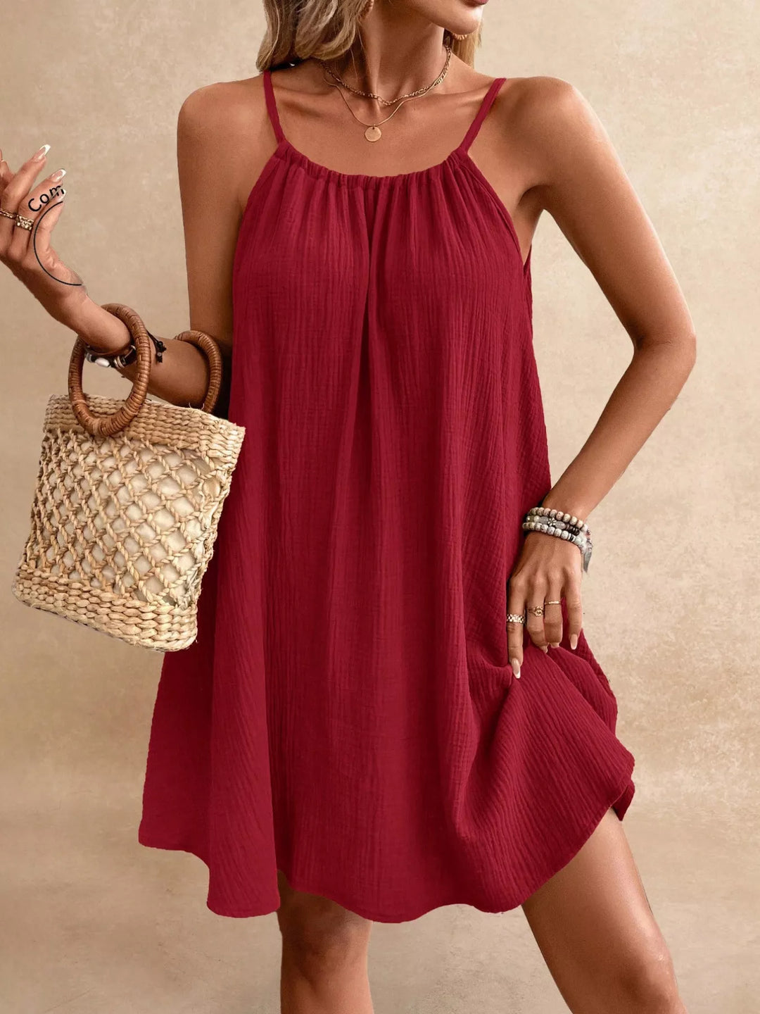 Backless crinkle spaghetti strap mini dress