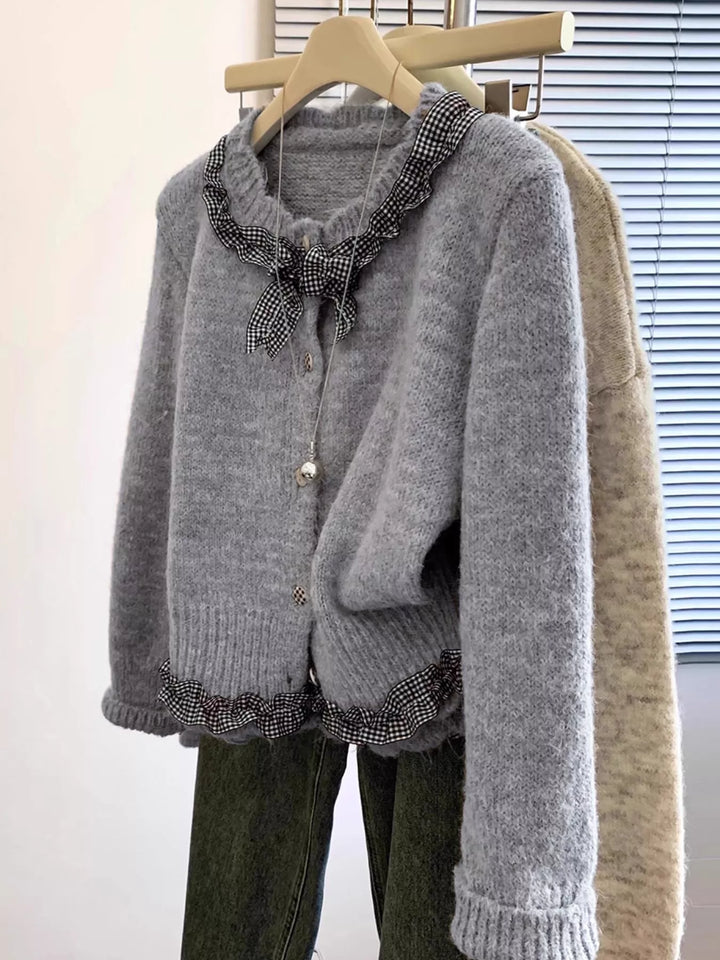 Gray Gingham ruffle trim button-up knit cardigan