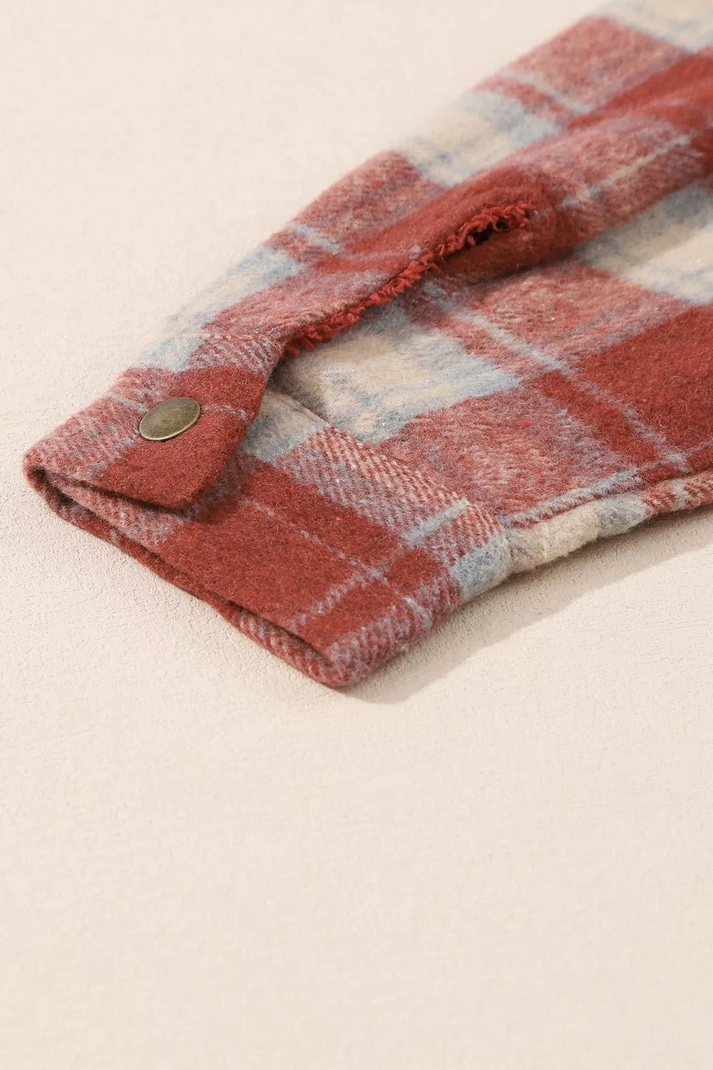 Sherpa-lined plaid hooded shacket with snap front
