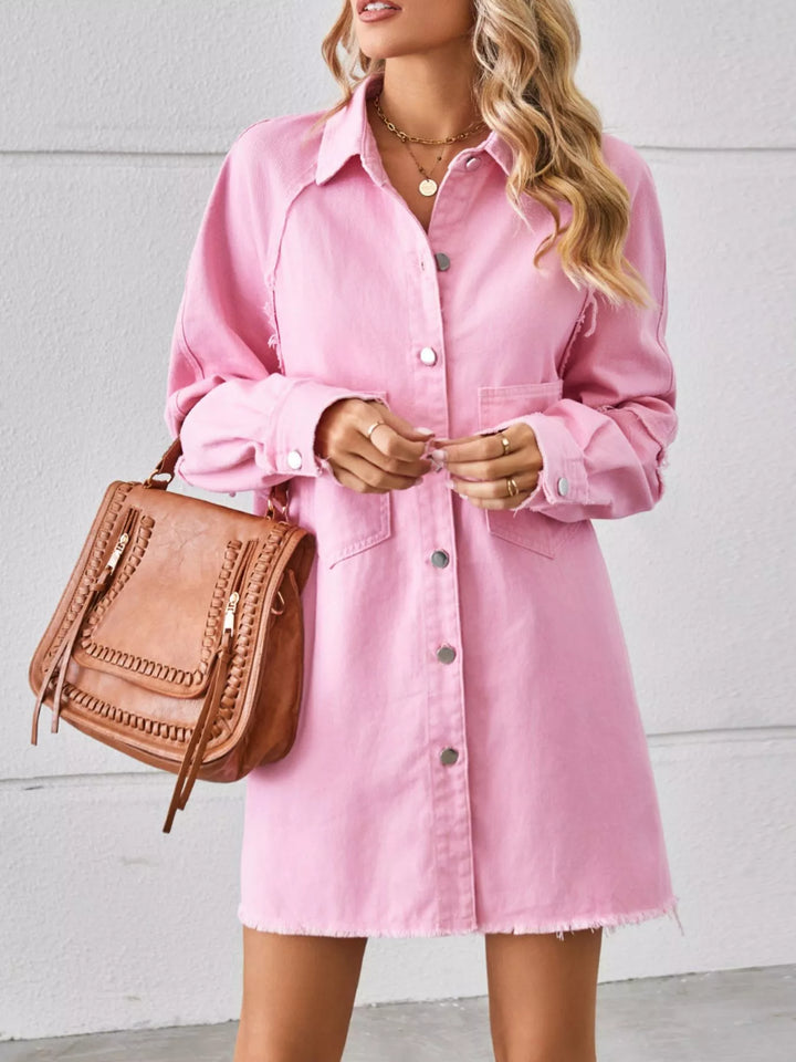 Oversized button-down raw hem denim shirt dress