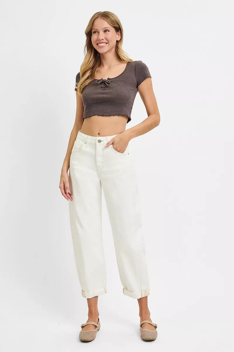 High-rise barrel-leg cropped jeans with rolled cuffs