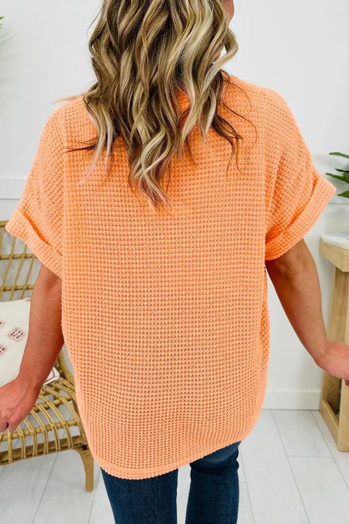 Waffle knit V-neck tee with cuffed short sleeves