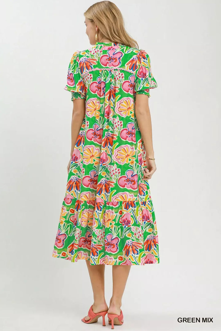 Floral print puff sleeve tiered midi dress with pockets