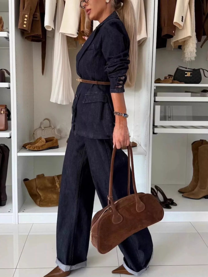 Single-breasted denim blazer and wide-leg jeans set