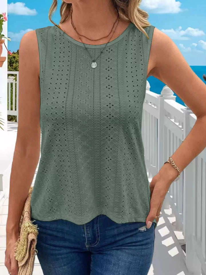 Army Green Eyelet openwork crew-neck tank with scalloped hem