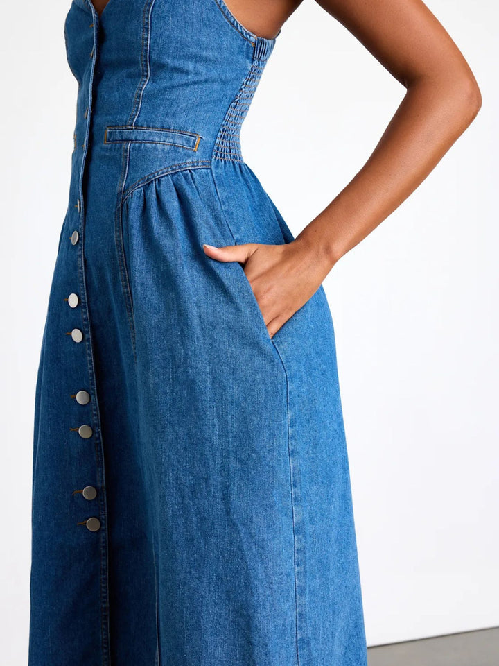 Button-front denim midi dress with sweetheart neckline and pockets