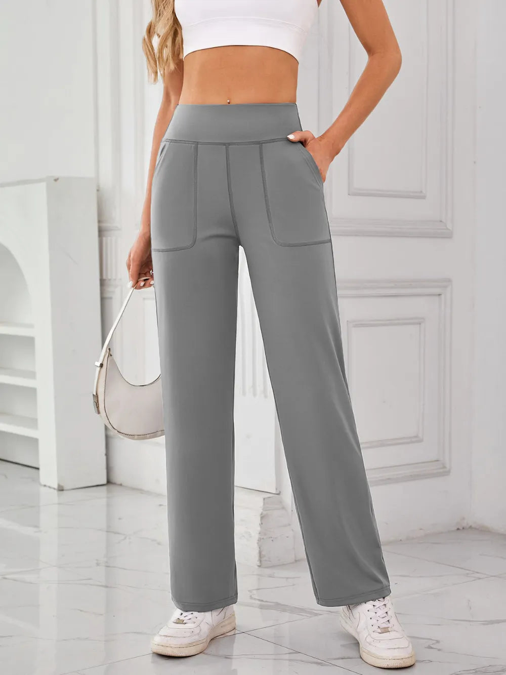 High-waist wide-leg active pants with pockets