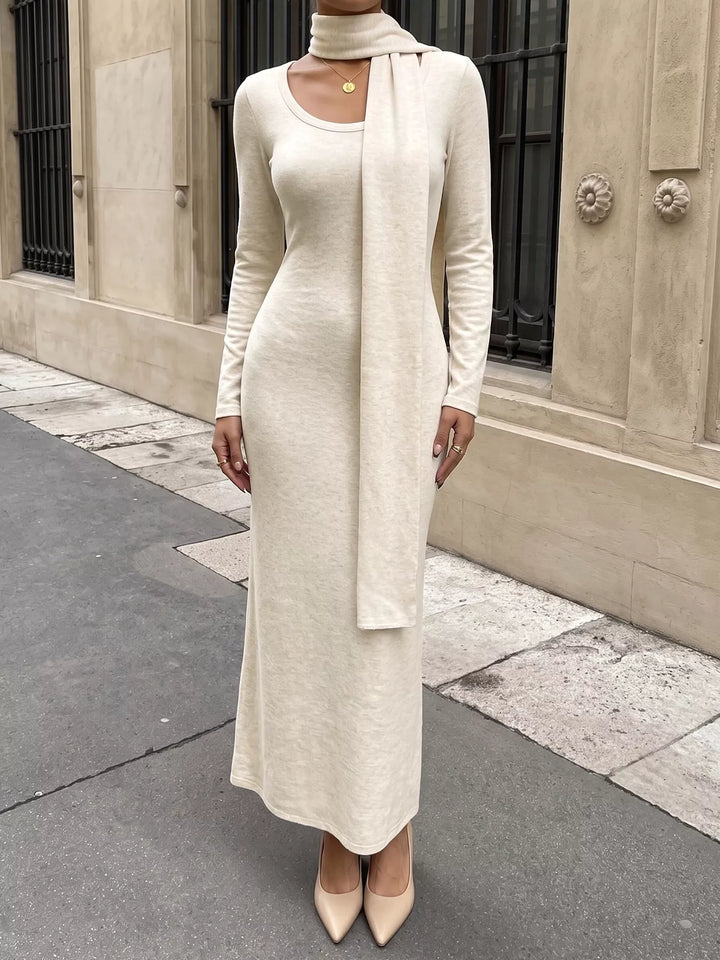 Scoop neck long sleeve knit maxi dress with scarf