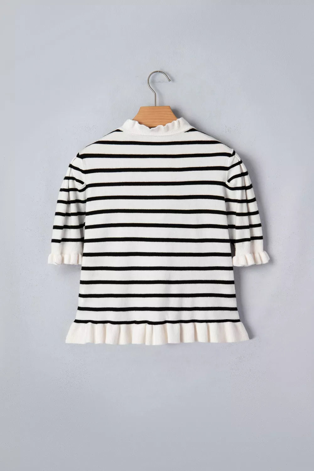 Striped short sleeve knit cardigan with ruffle trim