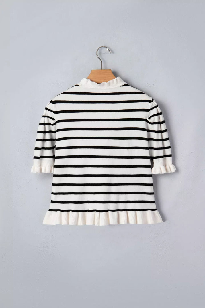 Striped short sleeve knit cardigan with ruffle trim
