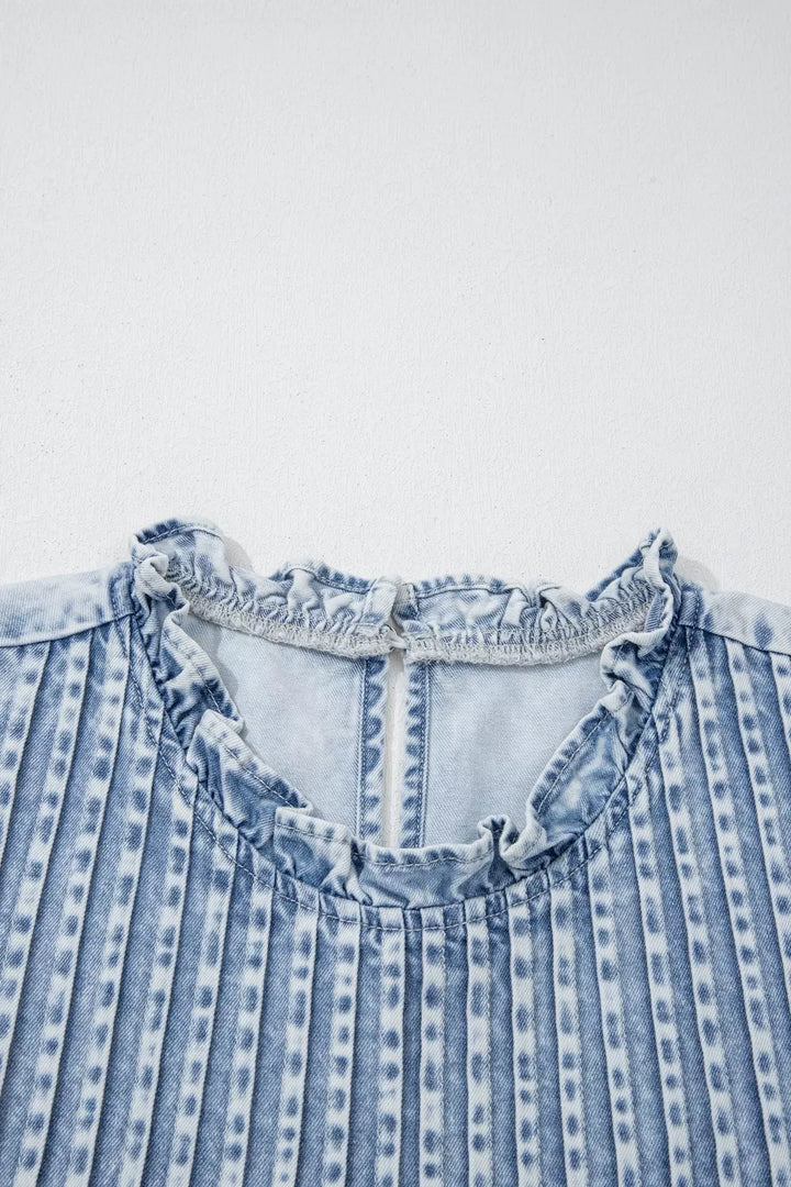 Pintuck pleated denim top with ruffle cap sleeves