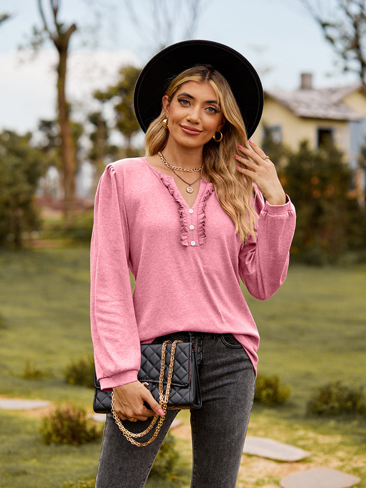Lavender Ruffle trim puff sleeve split-neck blouse