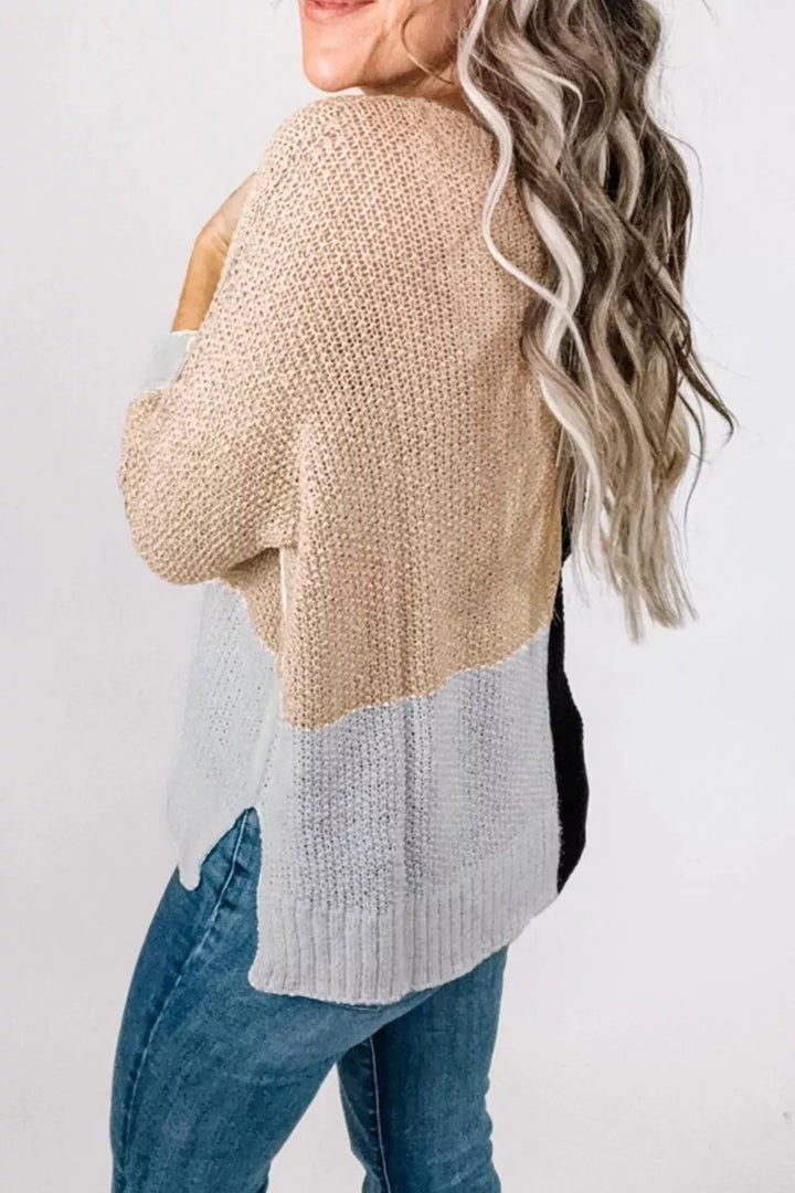 Color block ribbed knit v-neck loose sweater