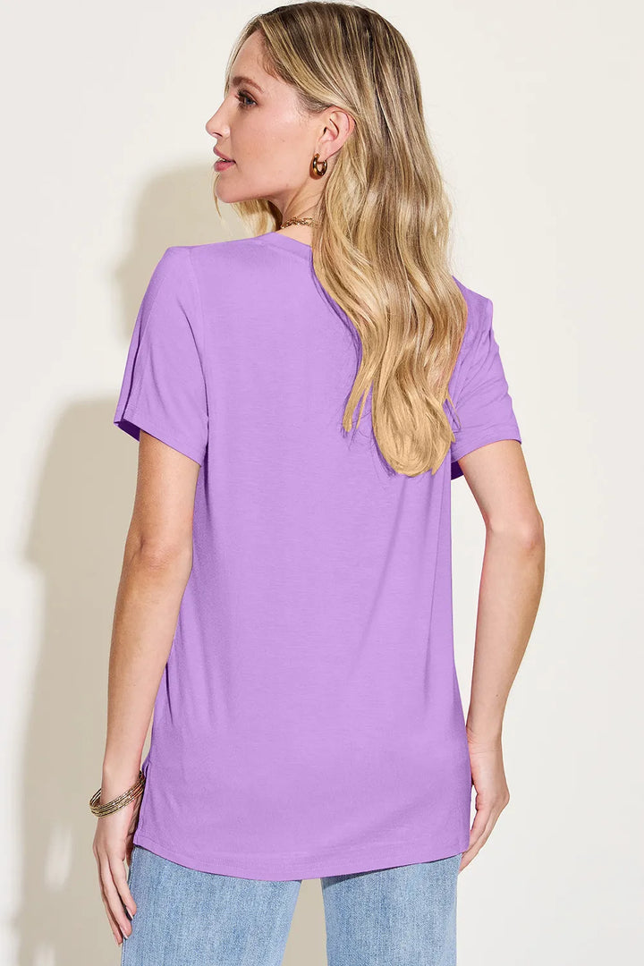 V-neck high-low bamboo tee with side slits