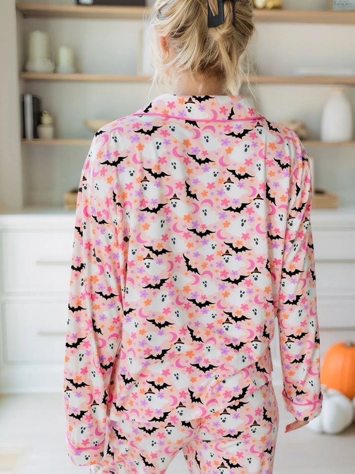 Ghost and bat print button-up pajama set with piped trim