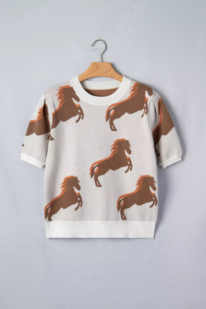 Horse graphic ribbed knit puff sleeve sweater top