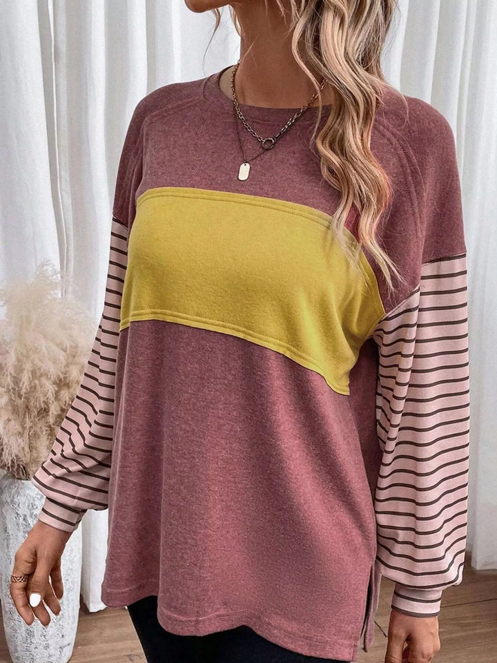 Color block striped long sleeve crew neck top