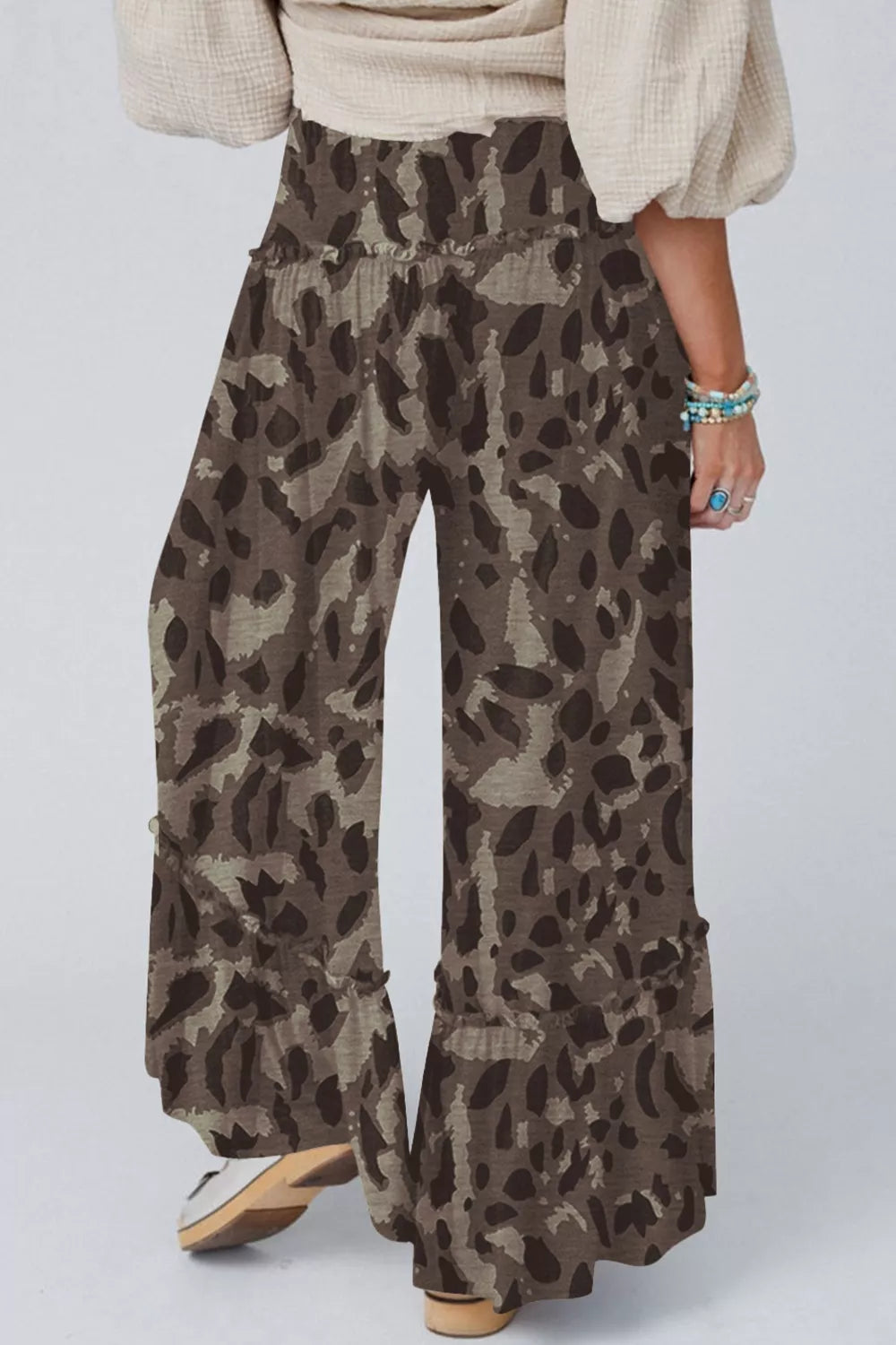 Camo print wide-leg pants with drawstring and ruffled hem