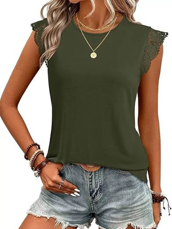 Lace trim cap sleeve crew neck knit top