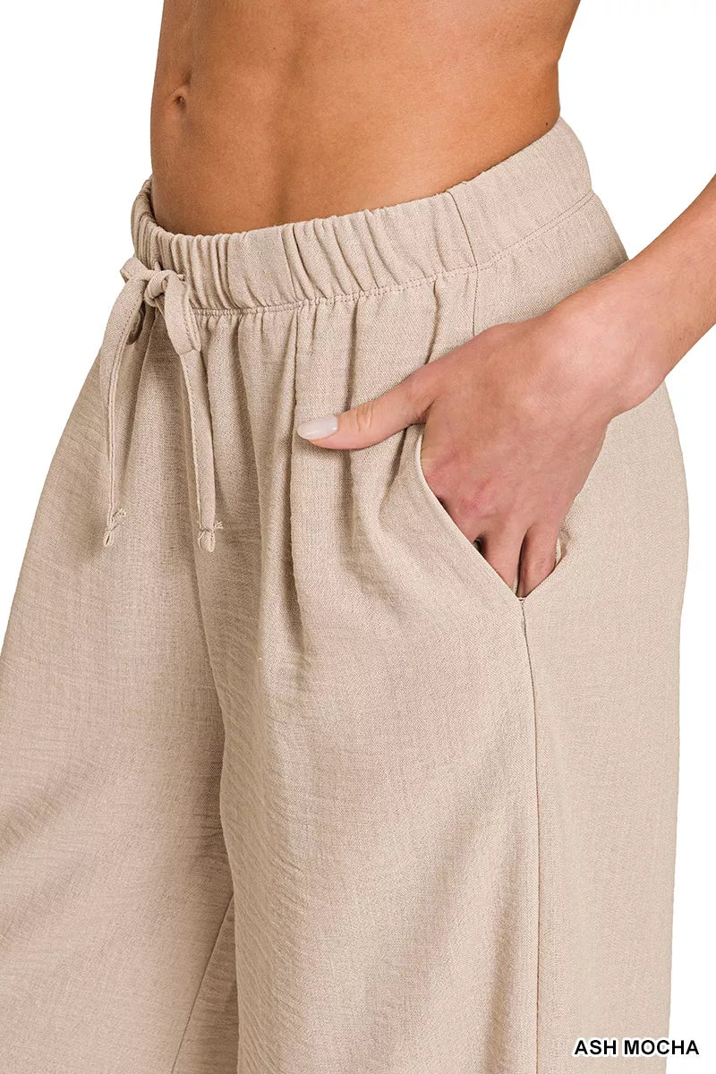 Wide-leg woven drawstring pants with side pockets