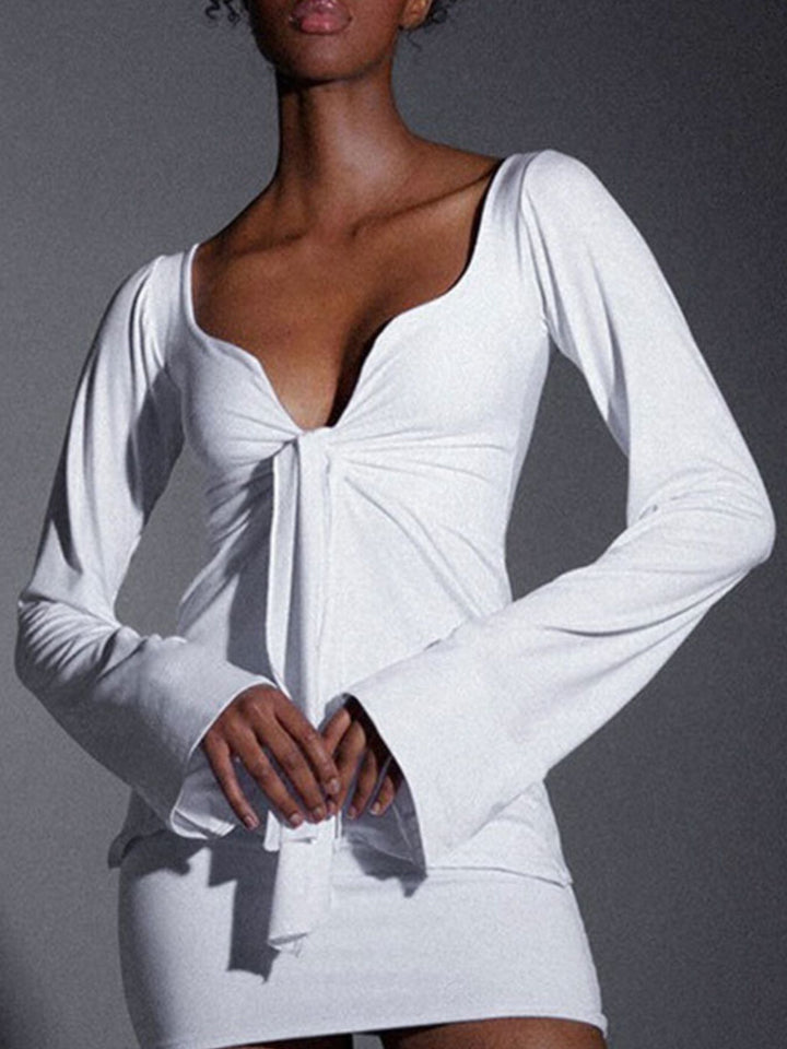 Tie-front long sleeve top with open cascading front