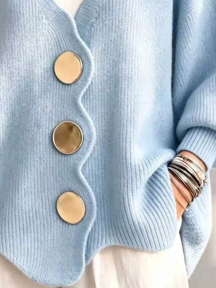 Scalloped-edge ribbed knit oversized button-down cardigan