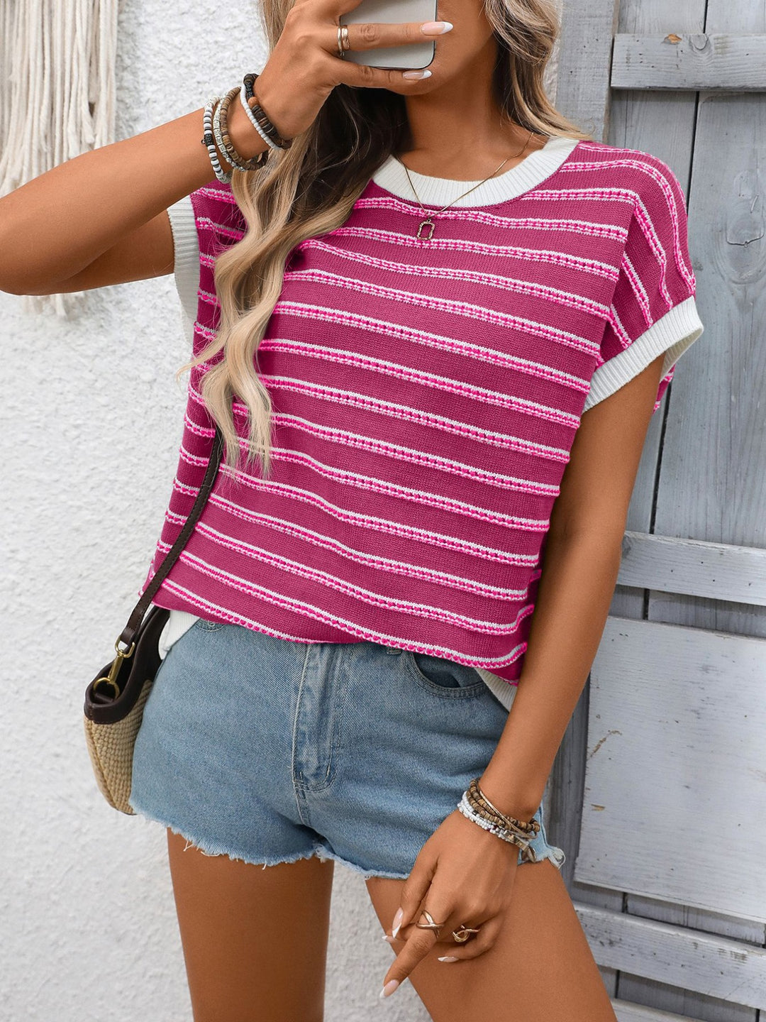 Striped ribbed knit short sleeve sweater top with contrast trim