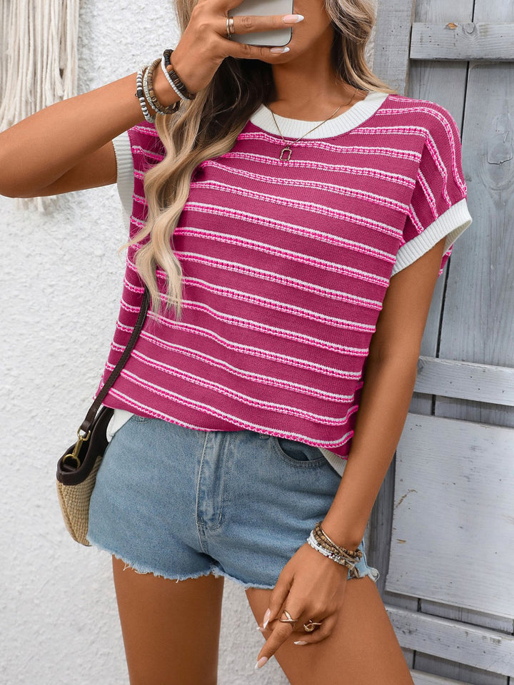 Striped ribbed knit short sleeve sweater top with contrast trim