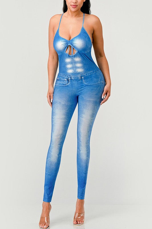 Faded Abs Illusion Bodycon Jumpsuit in BLUE - cropped, cardigan - front view