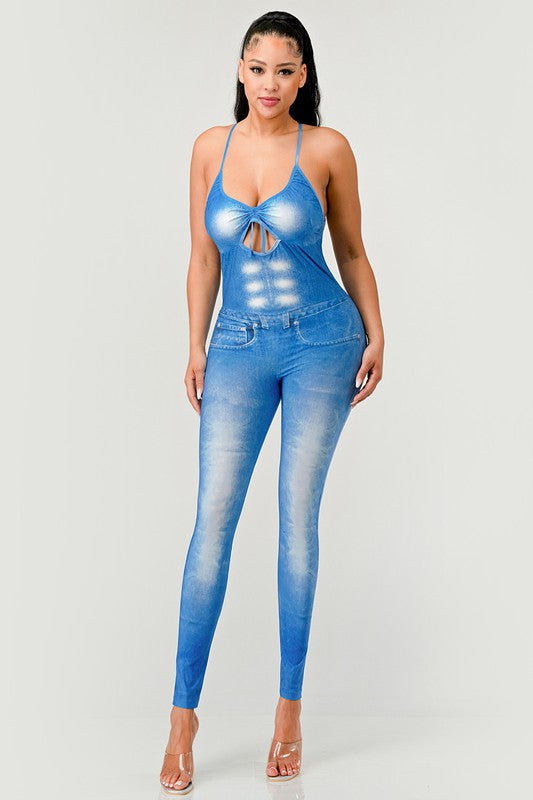 Faded Abs Illusion Bodycon Jumpsuit in BLUE - cropped, cardigan - alternate view